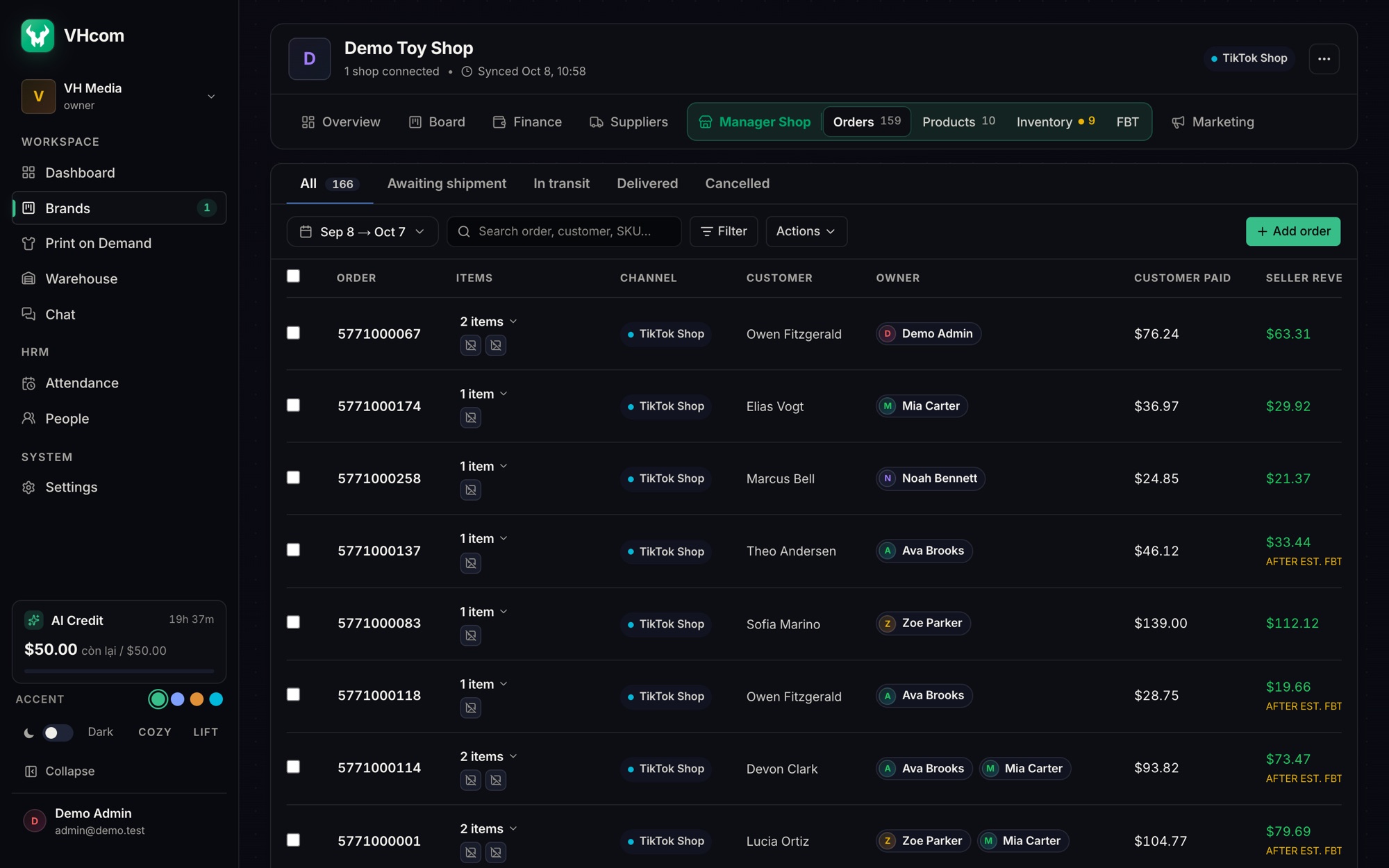 The Orders list of a TikTok Shop in VHcom: each order with its customer, owner, what the customer paid and the seller's revenue.